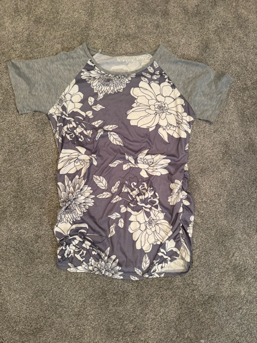 Maternity Purple Floral Raglan Tee with Gray Sleeves